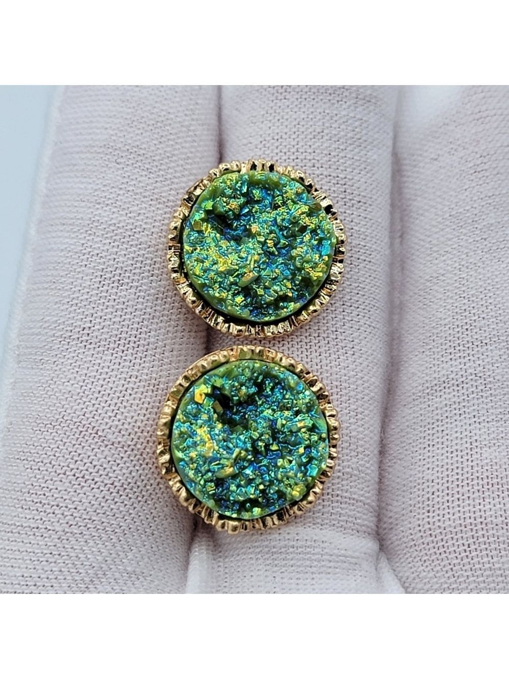 Green Druzy Stud Earrings Goldtone Setting #2450